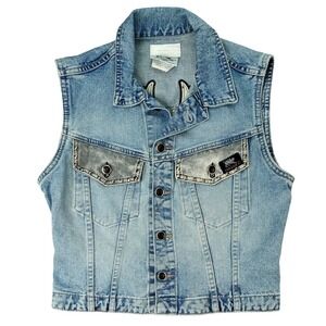 PARASUCO Womens M/M Blue Denim Eagle‎ Patch Sleeveless Vest Jacket